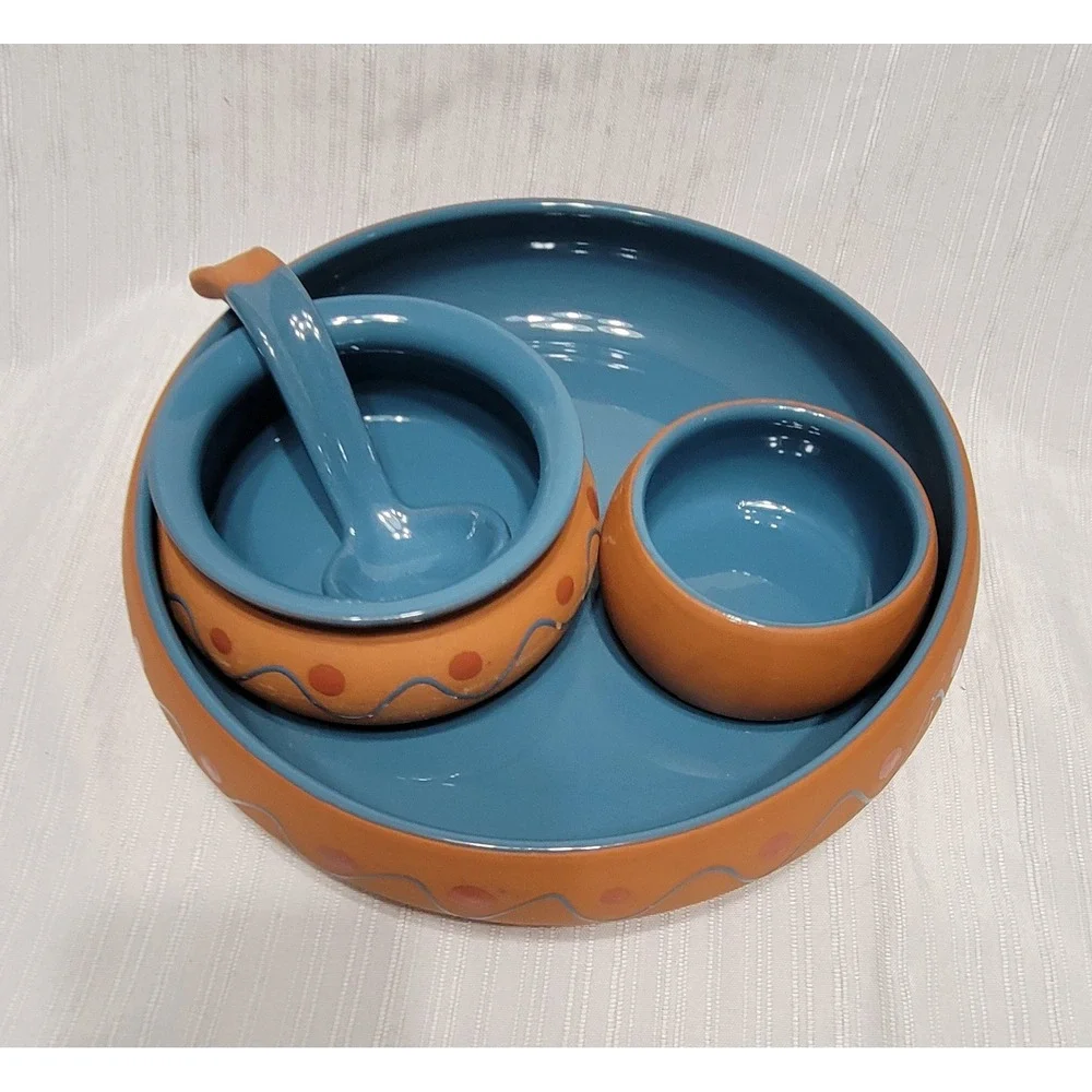 Handmade Portugal Ceramic Chip and Dip Set Blue Terracotta 4 Piece Serving Set